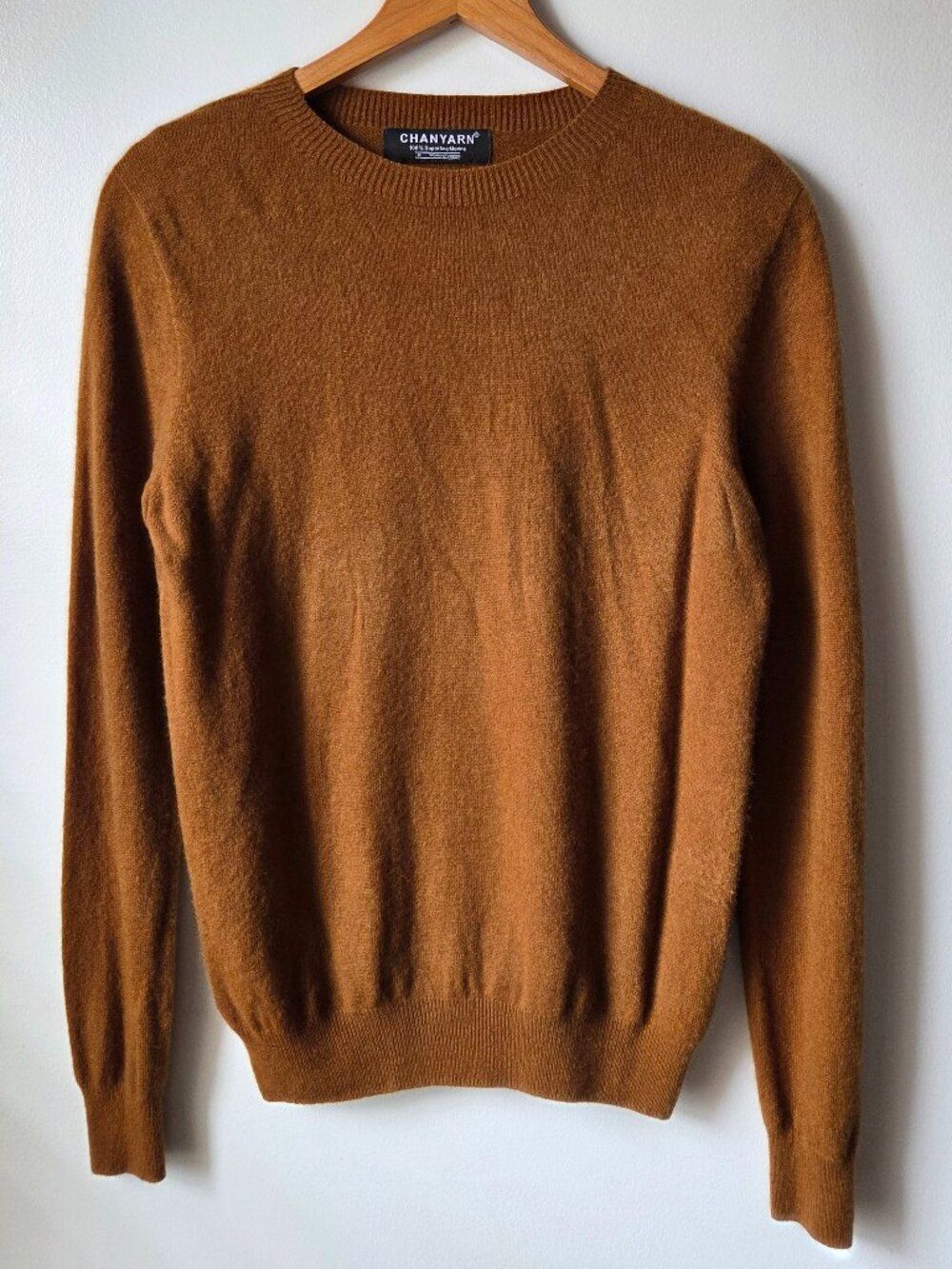 EUC CHANYARN 100% SUPERFINE MERINO WOOL TAN /BROWN WOMENS CREW NECK SWEATER M